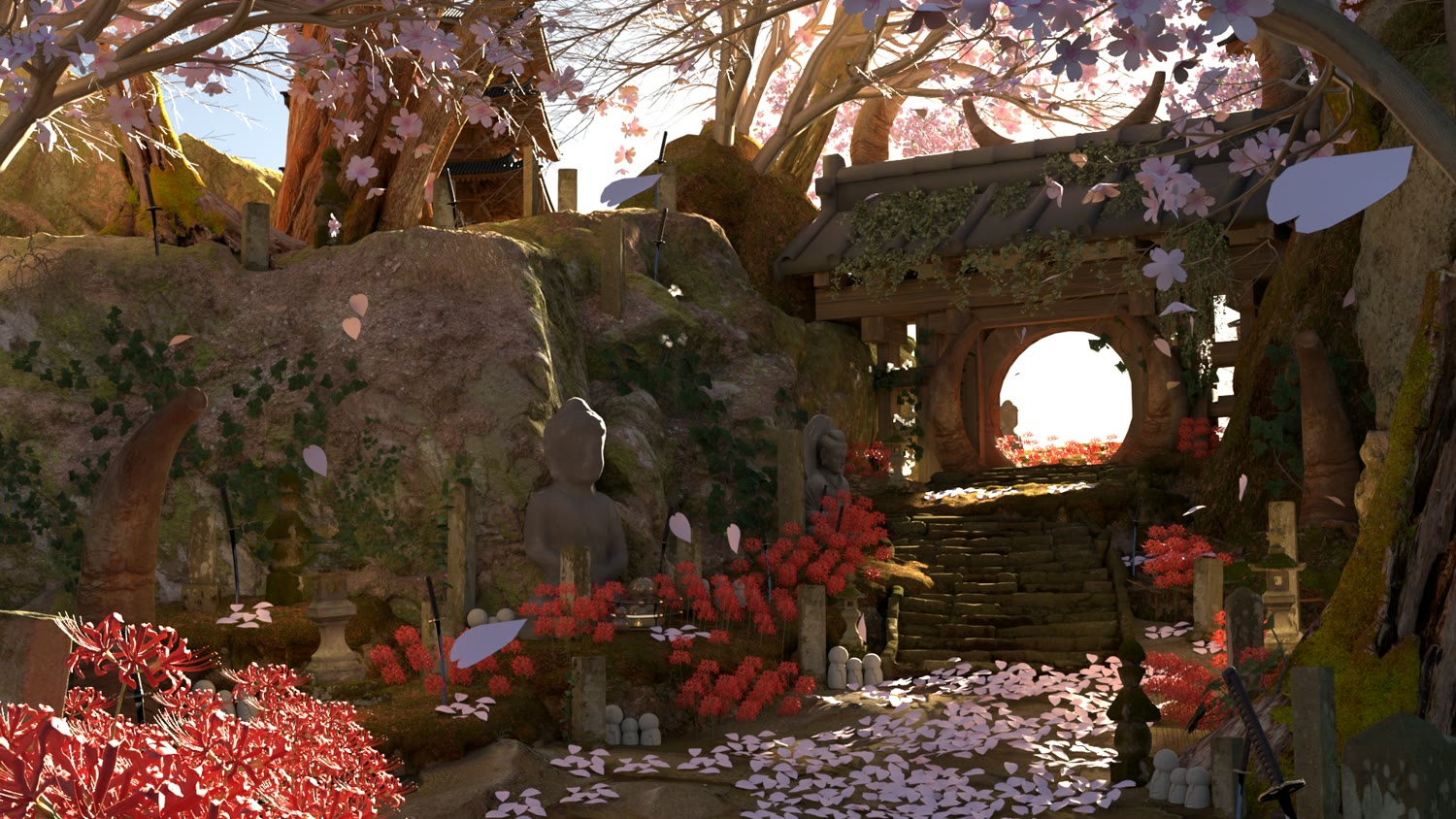 3D cherry-blossom shrine environment render